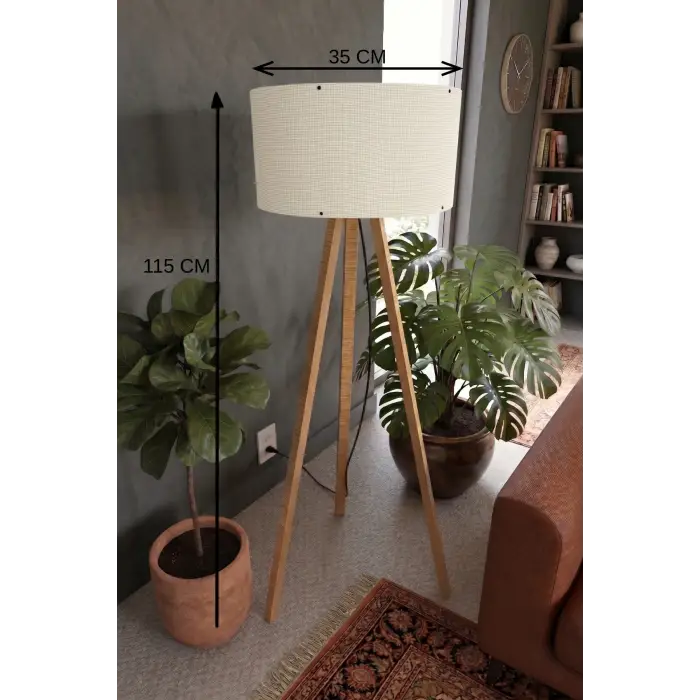 115 cm 3 Ayaklı Tripod Lambader Krem Kumaş Başlık