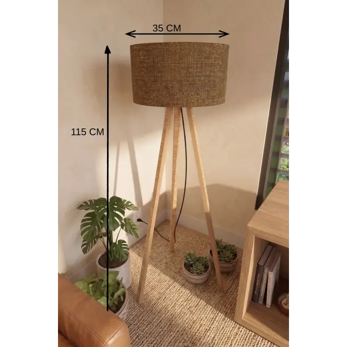 115 cm 3 Ayaklı Tripod Lambader Tütün Kahve Kumaş Başlık