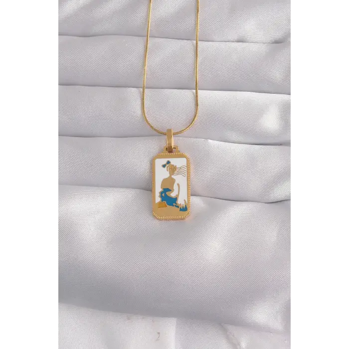 Kolye Çelik Gold Renk Beyaz Mineli Kız Figür Tarot