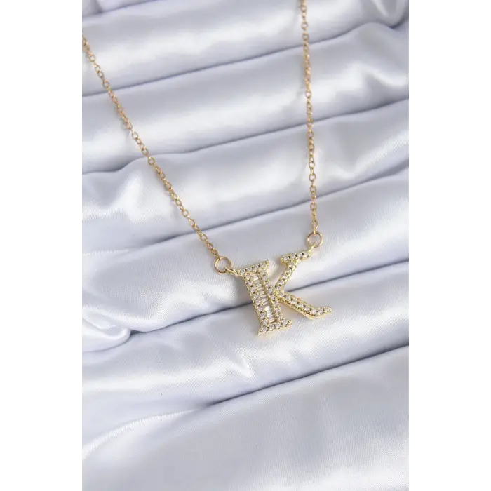Kadın Kolye Çelik Gold Renk K Harf Model Zirkon Taşlı
