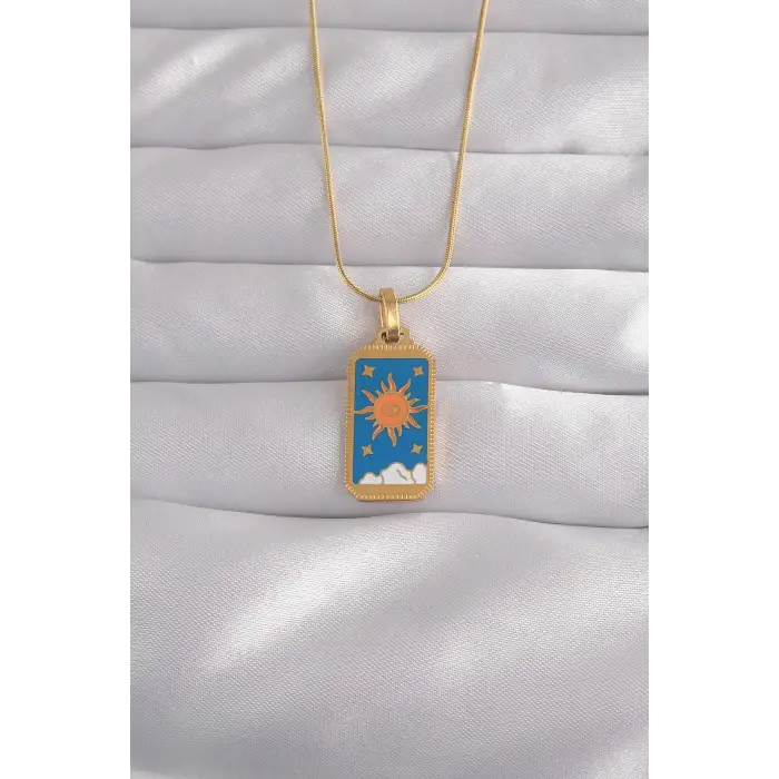 Kolye Çelik Gold Renk Mavi Mineli Güneş Model Tarot