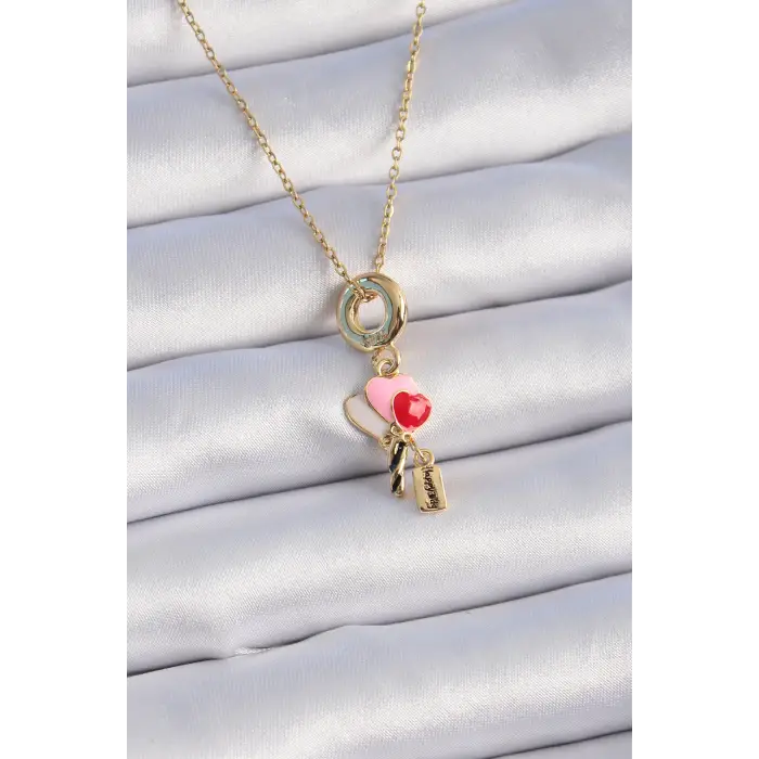 Kadın Kolye Çelik Gold Renk Renkli Kalp Figür Charm Model