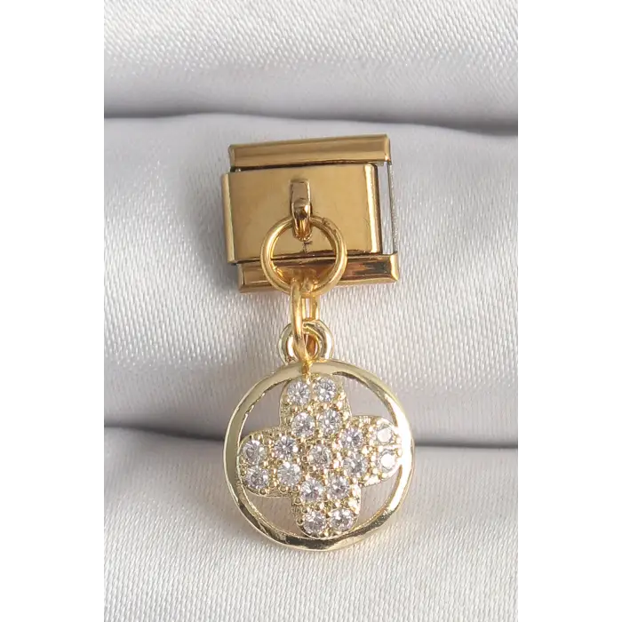 Çelik Gold Renk Sallantı Zirkon Taşlı Yonca tasarım Nomination Charm