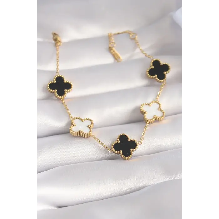 Kadın Bileklik Çelik Gold Renk Siyah Beyaz Yonca Model