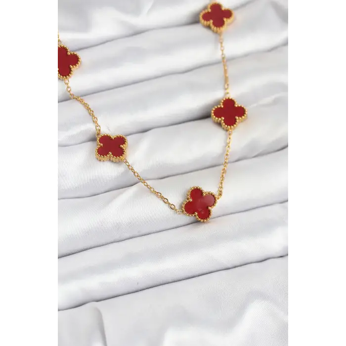 Kadın Kolye Çelik Gold Renk Zincir Bordo Yonca