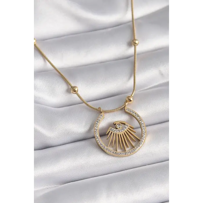 Kadın Kolye Çelik Gold Renk Zirkon Taşlı Göz Model