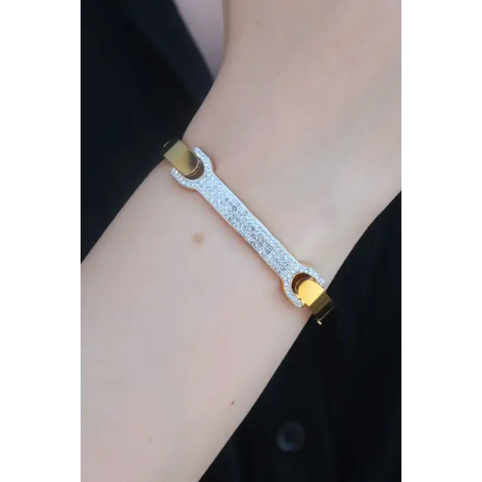 Çelik Gold Renk Zirkon Taşlı Kadın Kelepçe