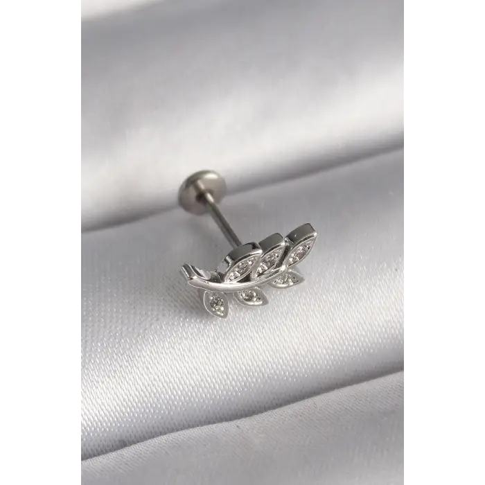 Tragus Piercing Çelik Gümüş Renk Dal Model Zirkon Taş Detaylı