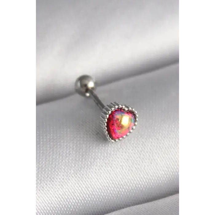 Tragus Piercing Çelik Gümüş Renk Kırmızı Mineli Kalp