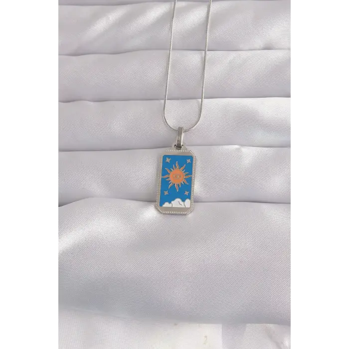 Kolye Çelik Gümüş Renk Mavi Mineli Güneş Model Tarot