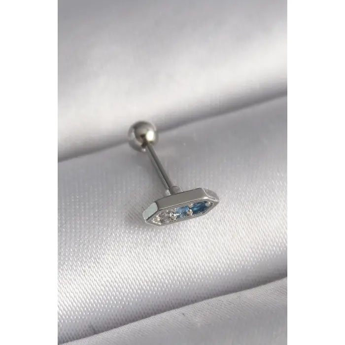 Tragus Piercing Çelik Gümüş Renk Mavi Zirkon Taşlı