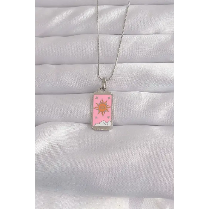 Kolye Çelik Gümüş Renk Pembe Mineli Güneş Model Tarot