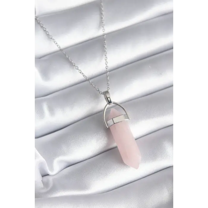Kadın Kolye Çelik Gümüş Renk Pembe Taşlı