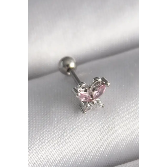 Tragus Piercing Çelik Gümüş Renk Pembe Zirkon Taşlı