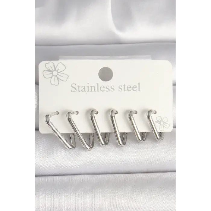 Kadın Küpe Çelik Gümüş Renk Üçgen Model Seti