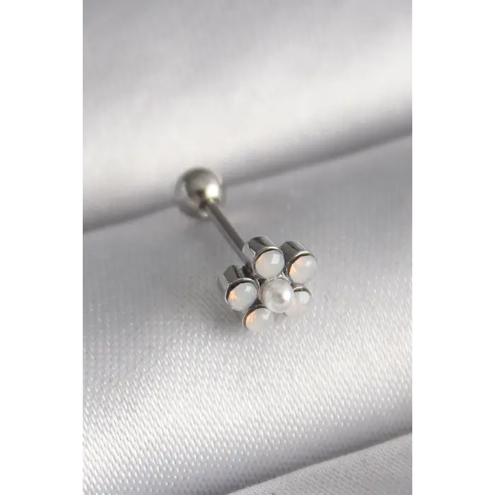 Tragus Piercing Çelik Gümüş Renk Zirkon Taşlı Çiçek Model