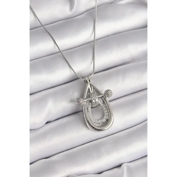 Kadın Kolye Çelik Gümüş Renk Zirkon Taşlı Damla Model