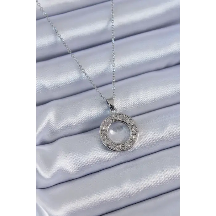 Kadın Kolye Çelik Gümüş Renk Zirkon Taşlı Model