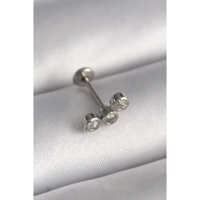 Tragus Piercing Çelik Gümüş Renk Zirkon Taşlı