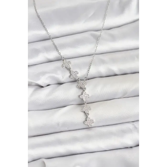 Kadın Kolye Çelik Zincir Gümüş Renk Yonca Model