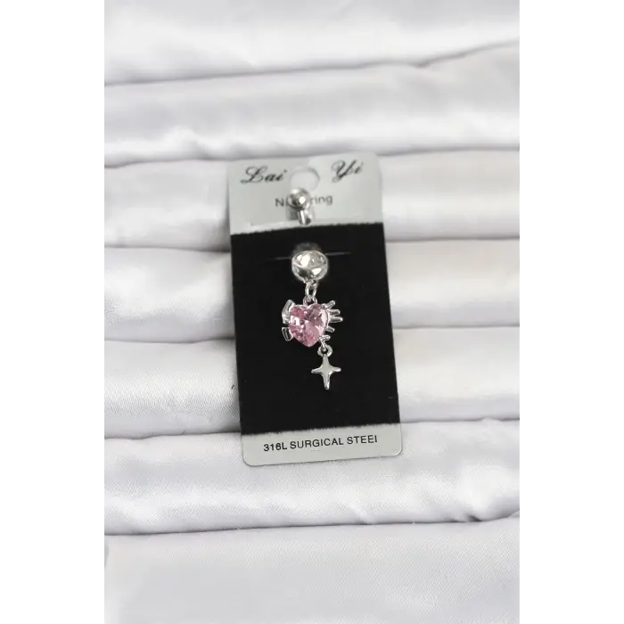 Piercing Cerrahi Çelik Pembe Zirkon Taşlı Model Göbek