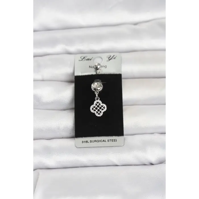 Piercing Cerrahi Çelik Zirkon Taşlı Sallantılı Yonca Model Göbek