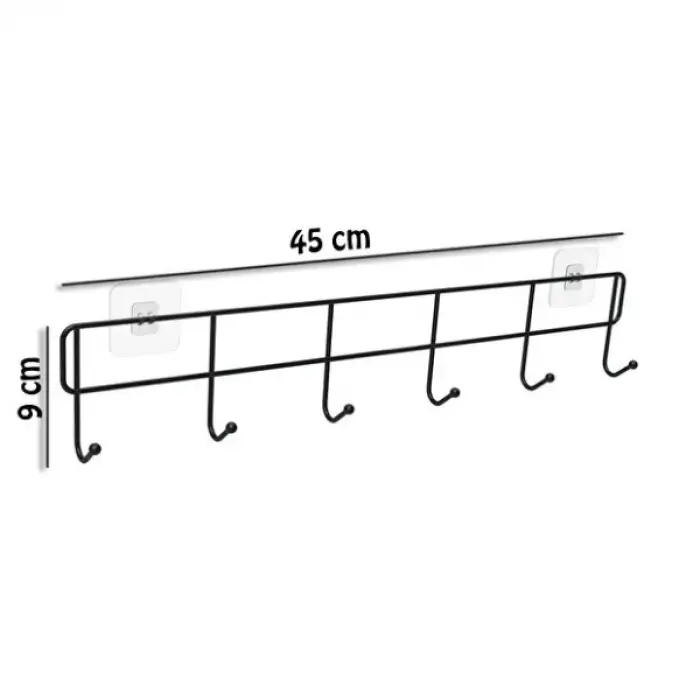 45 cm siyah 6 adet Metal 6lı Yapışkanlı Kapı Arkası Askı