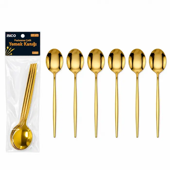 Kullanıma Uygun 6 Parça Yemek Kaşığı Seti Gold Renk Paslanmaz Çelik