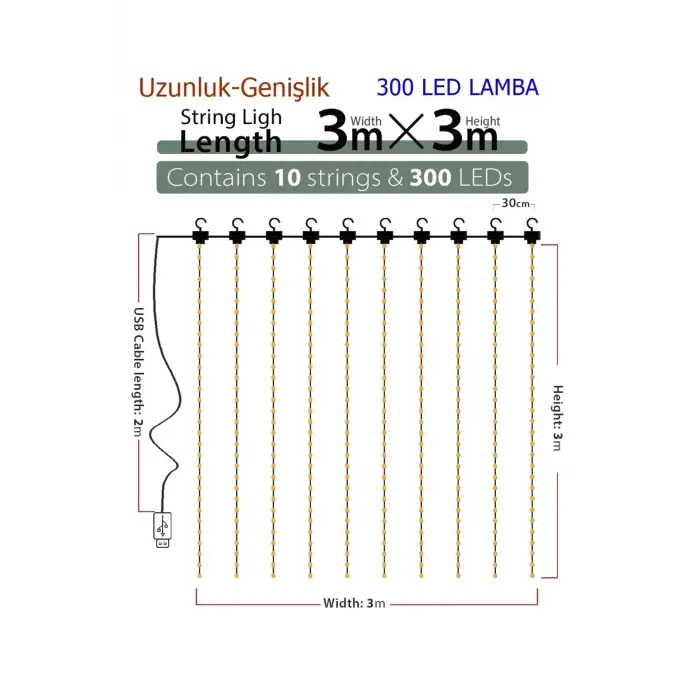Kullanıma Uygun 8 Fonksiyonlu Peri Perde Led Uzaktan Kumandalı Günışığı Perde Peri Led (3 mt x 3 mt)
