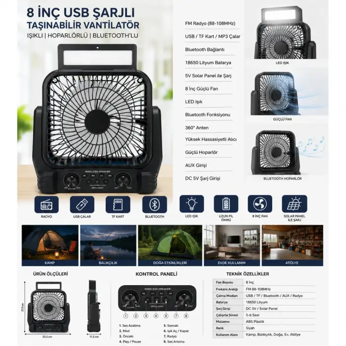 Hoparlör 8 İnç Solar Kamp Vantilatörü FM Radyolu Bluetooth lü LED Işıklı