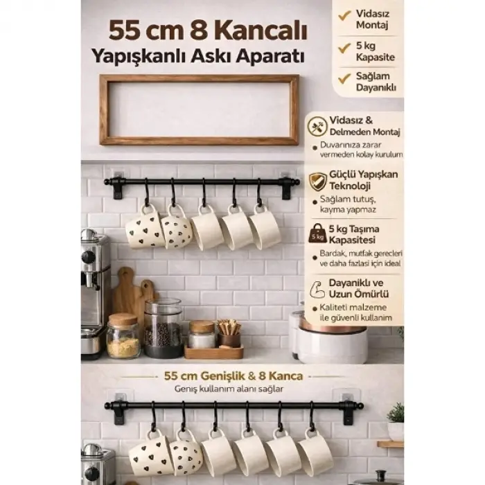 55 cm siyah 8 adet Kullanıma Uygun 8 Kancalı Yapışkanlı Askı Aparatı