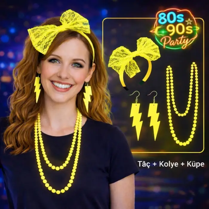 Kolye 80’ler 90’lar Neon Sarı Parti Seti Küpe Taç
