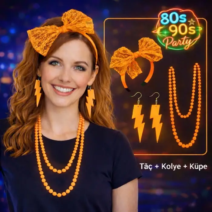 Kolye 80’ler 90’lar Neon Turuncu Parti Seti Küpe Taç