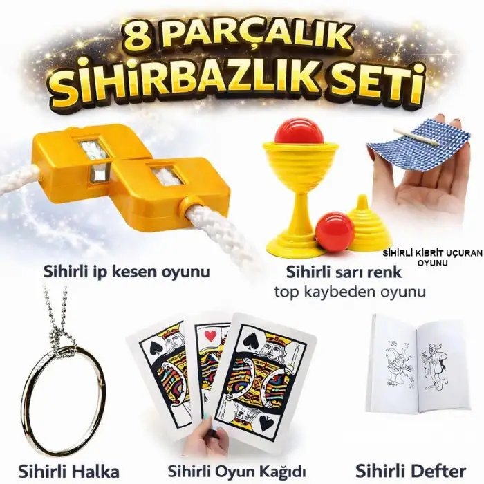 Defter 8’li Sihirbazlık Seti (Kibrit Halka, Kupa, İp, 3’lü Kart)