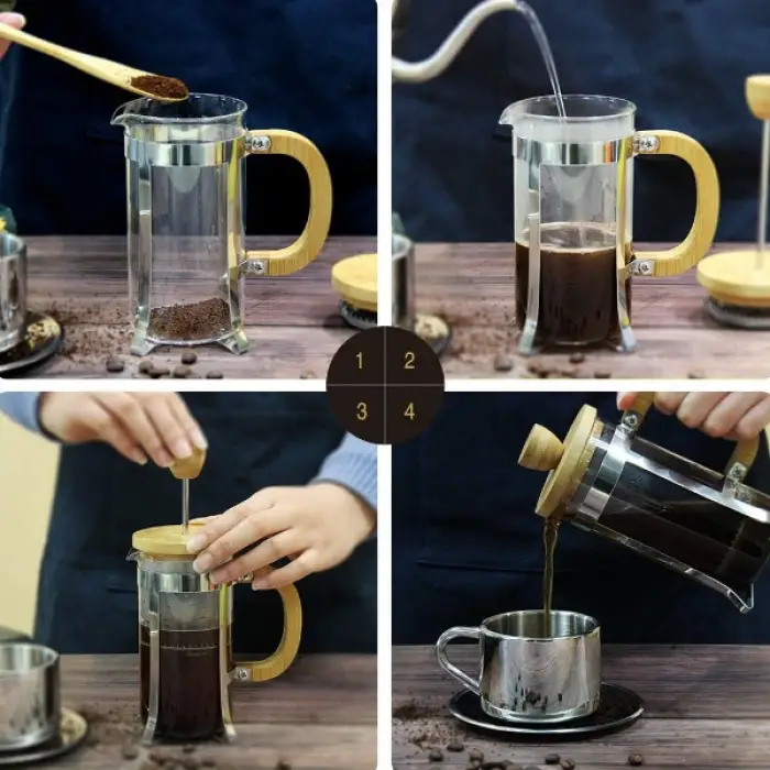 600 ml Ölçülü Ahşap Detaylı Cam French Press