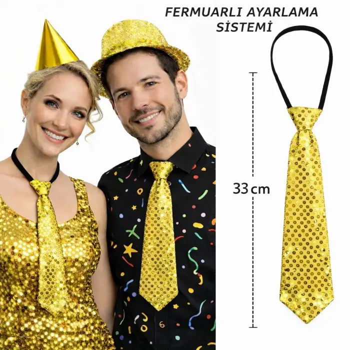 33 cm Ölçülü Altın Renk Pul Payetli Işıltılı Parti Kravatı