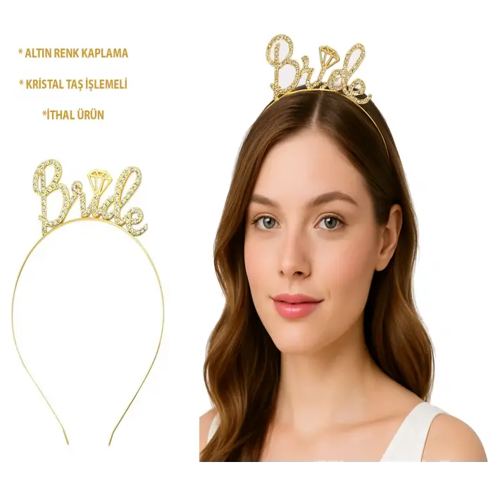 Kullanıma Uygun Altın Renkli Taşlı “Bride” Gelin Tacı