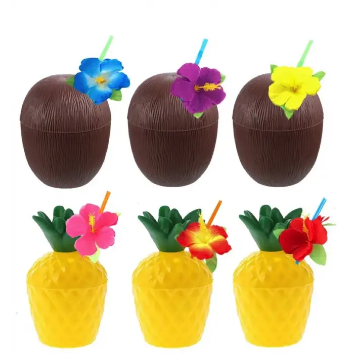Bardak Ananas ve Hindistan Cevizi Tasarımlı Pipetli Seti (6 Adet)