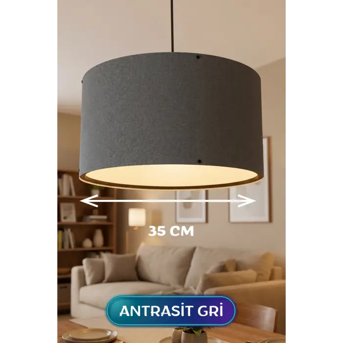35 CM Ölçülü Antrasit Gri Kumaş Başlıklı Sarkıt Avize