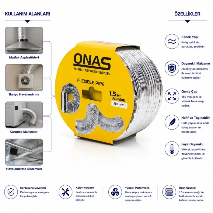 150 mm Ölçülü Aspiratör Borusu Esnek x 1.5 mt