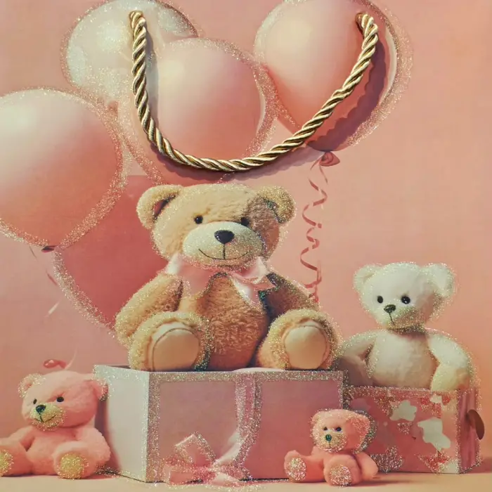 Kullanıma Uygun Ayıcık Desenli Pembe büyük Karton Hediye Çantası