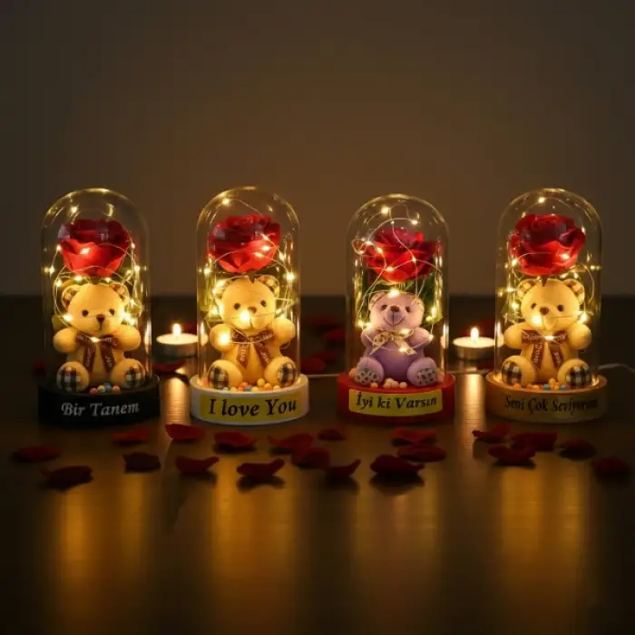10 x 18 cm Kullanıma Uygun Ayıcıklı Ledli Gül Fanus