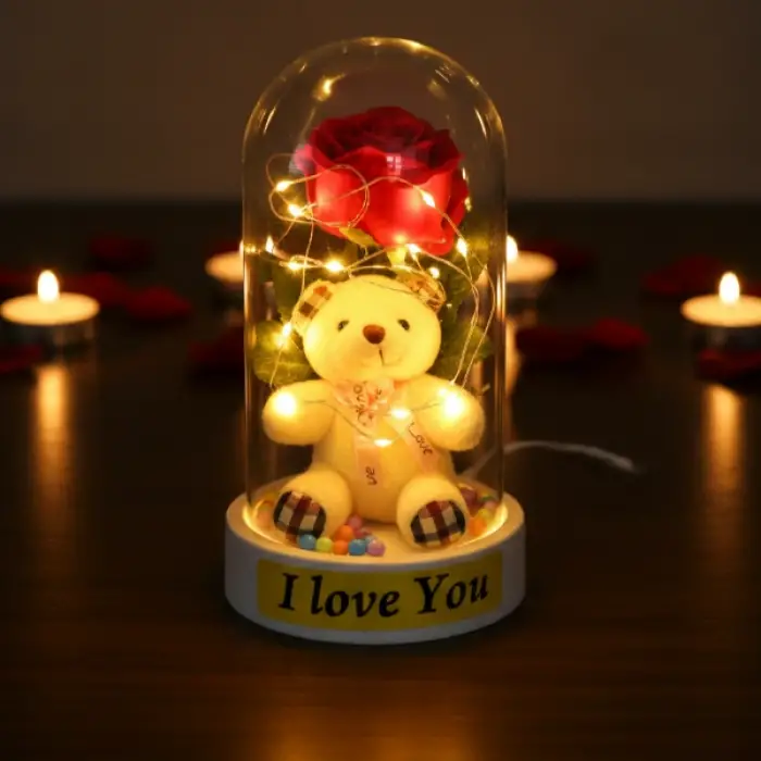 10 x 18 cm Kullanıma Uygun Ayıcıklı Ledli Gül Fanus