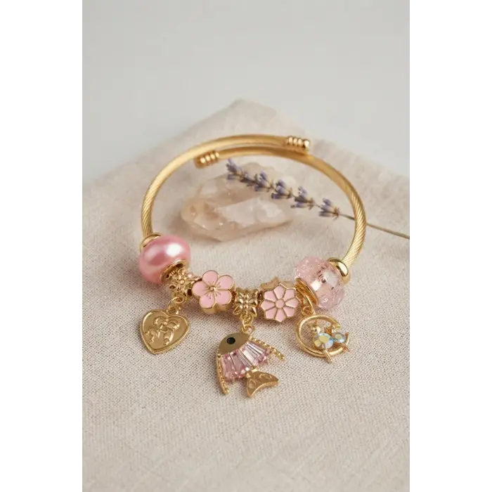 Bileklik Balık Charmlı Pembe Renk Gold