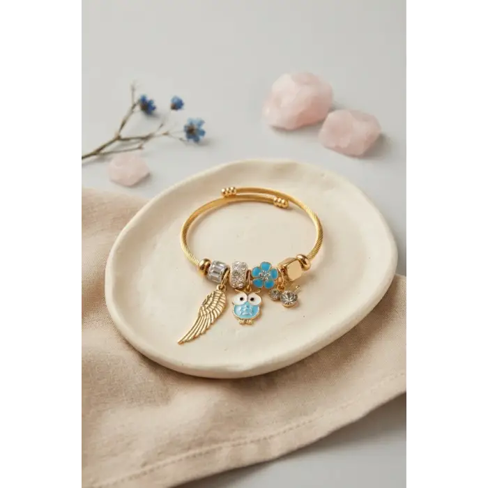 Bileklik Baykuş Model Gold Renk Charmlı