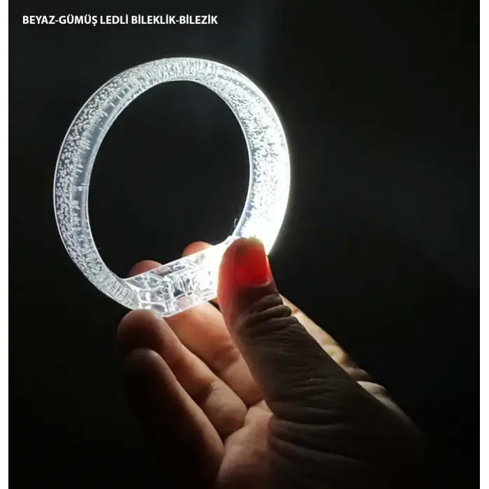Bileklik Beyaz Gümüş Led Işıklı Baskı Yapılabilen Pilli Bilezik