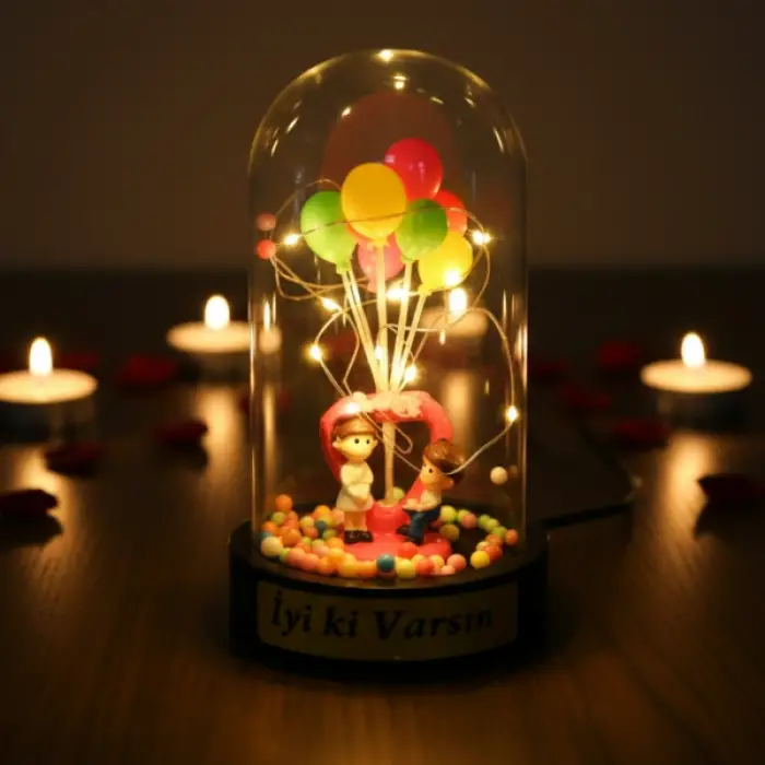 10 x 18 cm Kullanıma Uygun Biblolu Balonlu Ledli Fanus