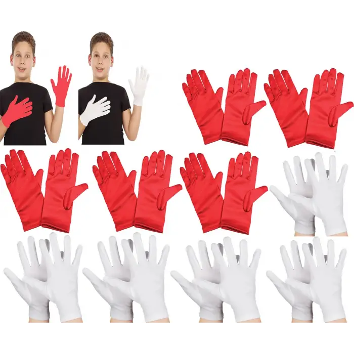 Okul Kullanımına Uygun Çocuk Gösteri Eldiven Seti 5 Çift Beyaz ve 5 Çift Kırmızı