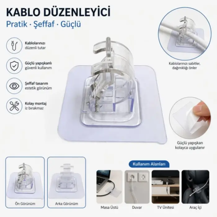 Cam Çok Amaçlı Kıskaçlı Yapışkanlı Kablo ve Mop Tutucu