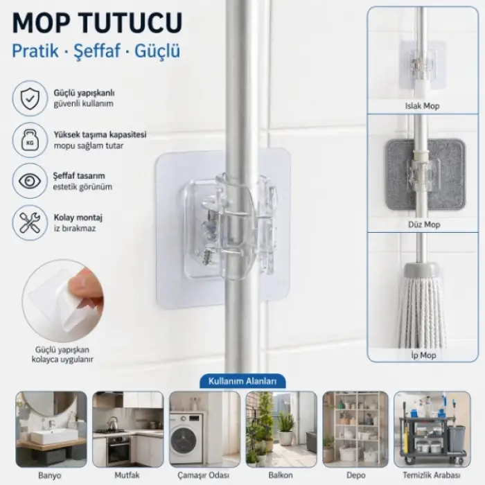 Cam Çok Amaçlı Kıskaçlı Yapışkanlı Kablo ve Mop Tutucu